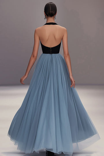 Col V Noir Bleu Plissé Tulle Robe Longue Formelle